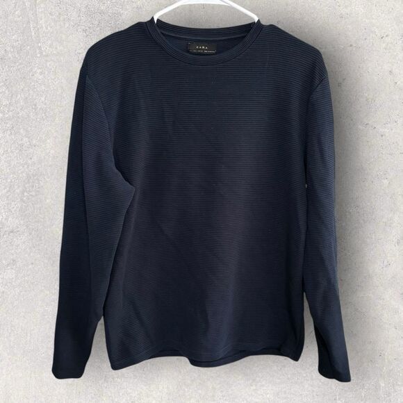 Zara Men's Navy Blue Long Sleeve Sweater ribbed size large - Picture 1 of 5